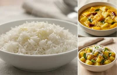 Steamed Basmati Rice with Avnas Ambe Sasam and Batate Upkari