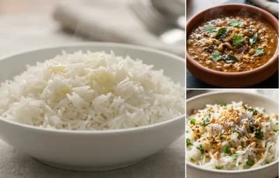 Steamed Basmati Rice with Chawli Ambat and Mooli Koshimbir