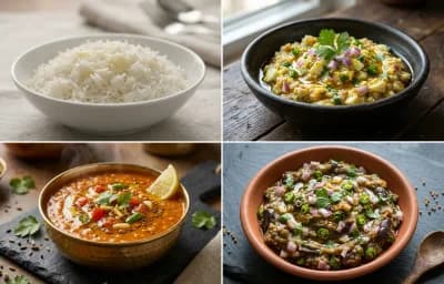 Steamed Basmati Rice with Egg Pitika, Masoor Dal Tadka and Bengenar Pitika