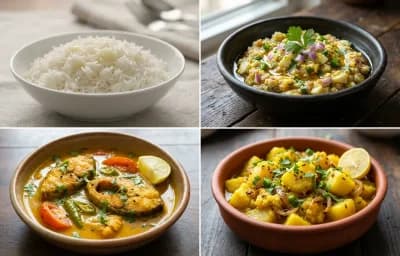 Steamed Basmati Rice with Egg Pitika, Masor Tenga and Aloo Bhaji