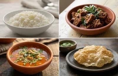 Steamed Basmati Rice with Kadgi Chakko, Tomato Saar and Appalam