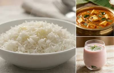 Steamed Basmati Rice with Paneer Ambat and Sol Kadhi