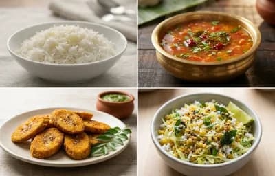 Steamed Basmati Rice with Tomato Rasam, Kele Phodi and Cabbage Kosambari