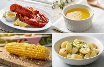 Steamed Lobster with Drawn Butter, Corn on the Cob and Boiled Potatoes