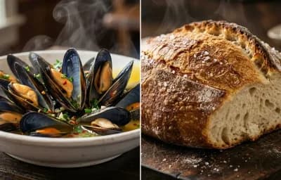Steamed Mussels with White Wine and Garlic with No-Knead Crusty Bread