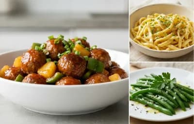 Sweet and Sour Meatballs with Egg Noodles and Steamed Green Beans