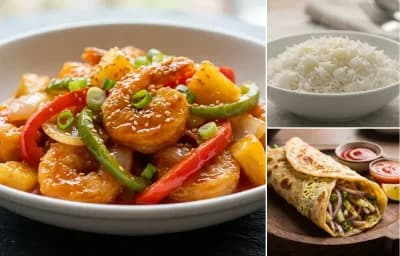 Sweet and Sour Shrimp with Steamed Basmati Rice and Egg Roll