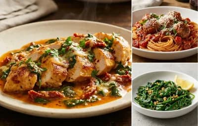 Tuscan Chicken with Spaghetti and Meatballs and Sauteed Spinach with Garlic