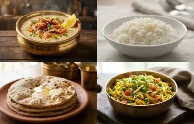 Urad Dal Tadka with Steamed Basmati Rice, Roti and Patta Gobi Sabzi