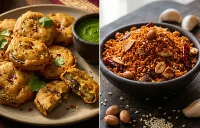 Vangan ja Pakora with Dry Garlic Chutney