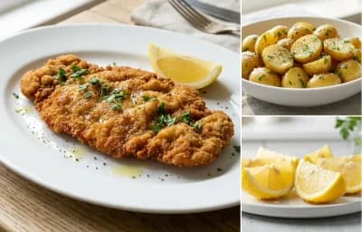 Veal Schnitzel with Buttered Parsley Potatoes and Lemon Wedges