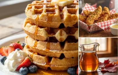 Waffles with Chicken Strips and Maple Syrup
