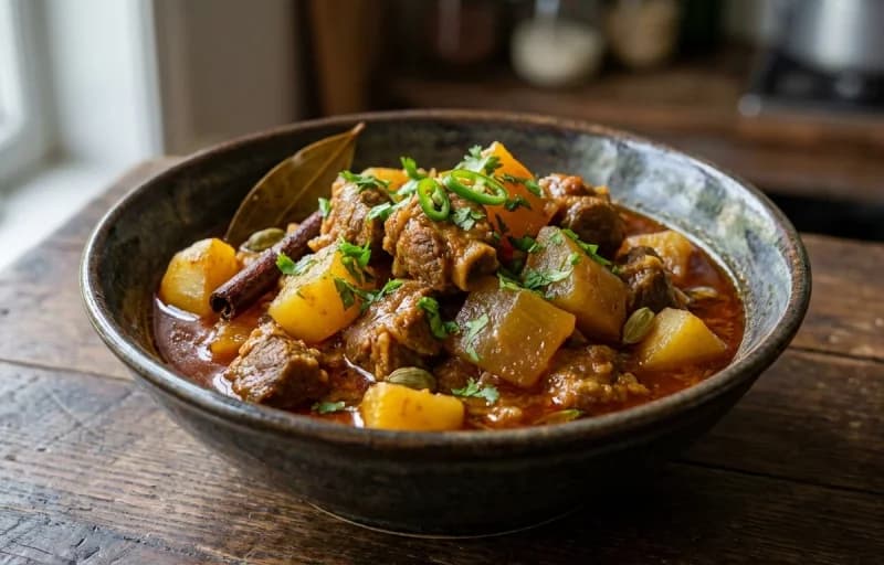 Steamed Basmati Rice, Assamese Mutton with Papaya, Masoor Dal Tadka and Begun Bhaja - Recipe 2