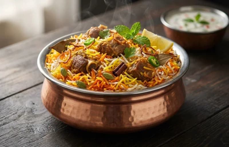 Kachay Gosht ki Biryani, Mirchi ka Salan and Cucumber Raita - Recipe 1