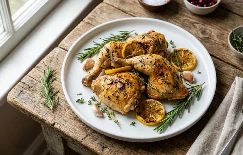Herb-Roasted Chicken, Garlic and Herb Roasted Potatoes and Simple Roasted Green Beans
