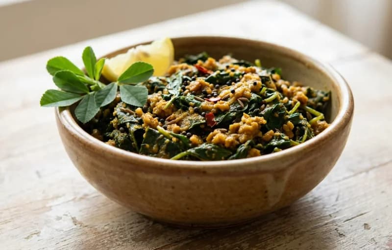 Methi ni Bhaji nu Shaak, Bajra Rotlo and Fried Egg - Recipe 1