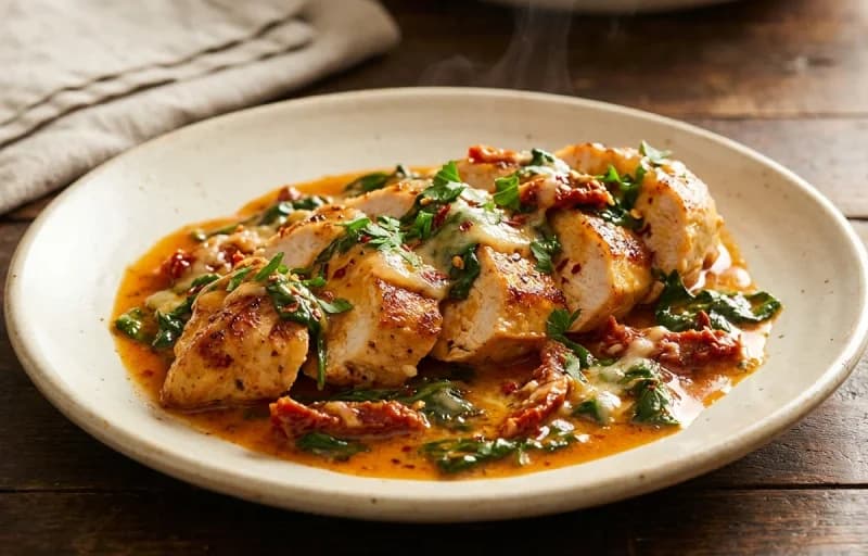 Tuscan Chicken, Spaghetti and Meatballs and Sauteed Spinach with Garlic - Recipe 1