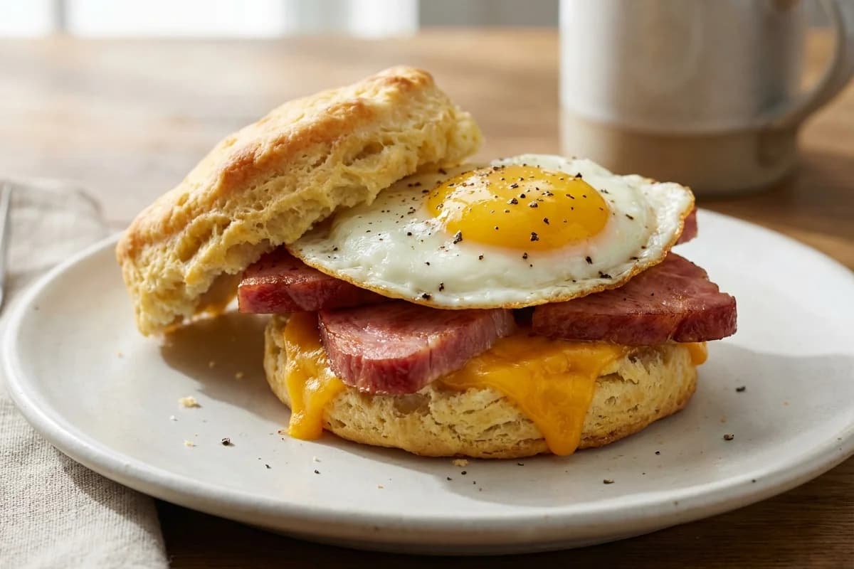 Ham Biscuit with Fried Egg and Cheese